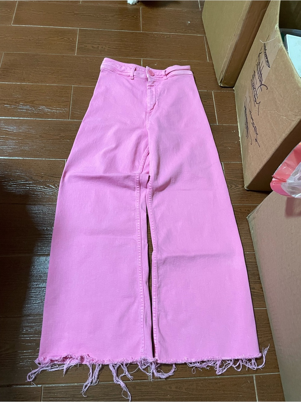 Zara Marine Straight Jean Waist Wide Leg Pink cropped raw hem 6 cotton stretch - Picture 4 of 11